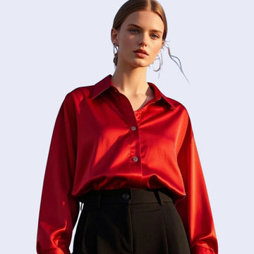 Chemise décontractée rouge à col souple brillante en satin