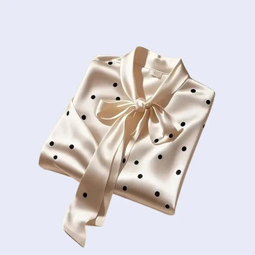 Chemise manches longues à pois col foulard en satin ivoire