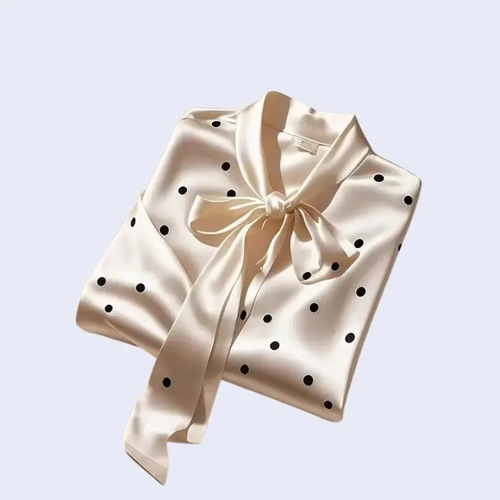 Chemise manches longues à pois col foulard en satin ivoire