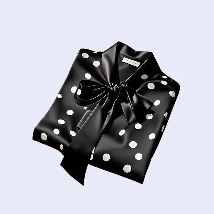 Chemise manches longues à pois col foulard en satin noir