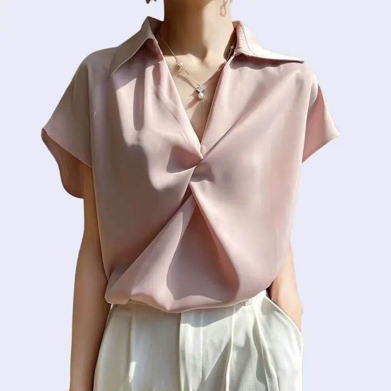 Chemisier ample manches courtes en satin mat rose