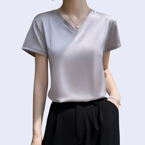 Chemisier col V uni en satin brillant argenté