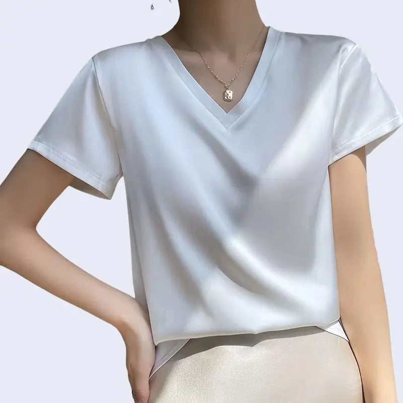 Chemisier col V uni en satin brillant blanc