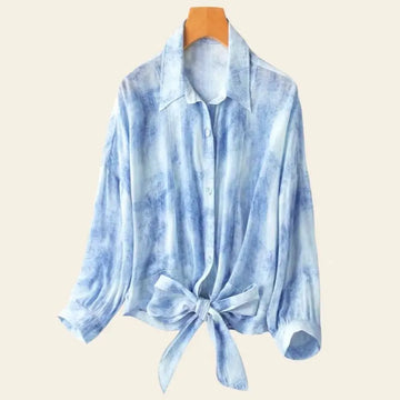 Chemisier fluide bleu ciel à noeud en soie de mûrier