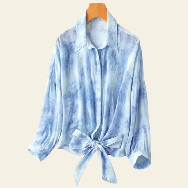 Chemisier fluide bleu ciel à noeud en soie de mûrier