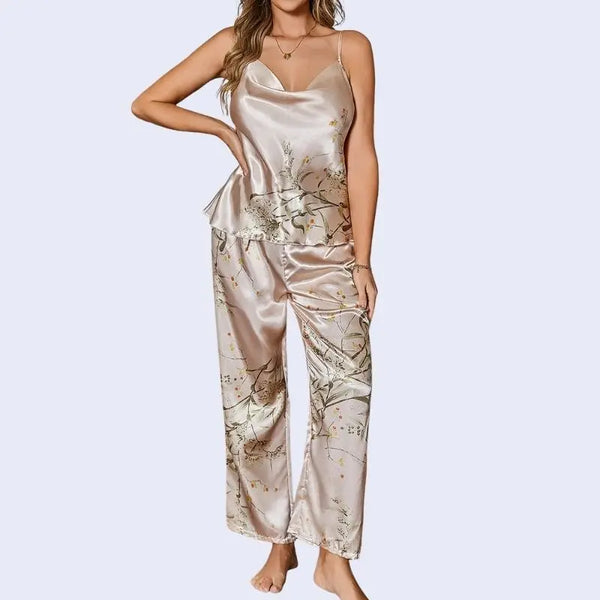 Débardeur et pantalon brillant imprimé floral en satin beige