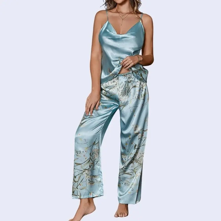 Débardeur et pantalon brillant imprimé floral en satin bleu ciel