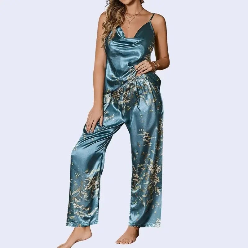 Débardeur et pantalon brillant imprimé floral en satin bleu
