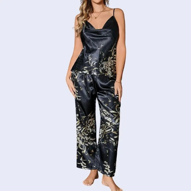Débardeur et pantalon brillant imprimé floral en satin noir