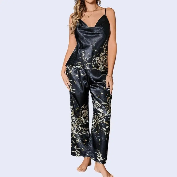 Débardeur et pantalon brillant imprimé floral en satin noir