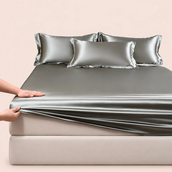 Drap-housse en satin brillant et taies d'oreillers argenté l Satin Lifestyle