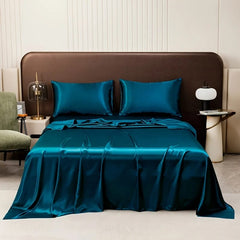 Drap plat uni en satin brillant bleu pétrole
