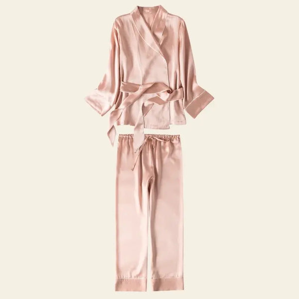Ensemble peignoir et pantalon rose en soie de mûrier
