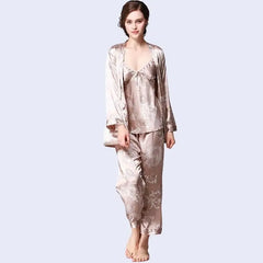 Ensemble pyjama 3 pièces imprimé dragon en satin beige