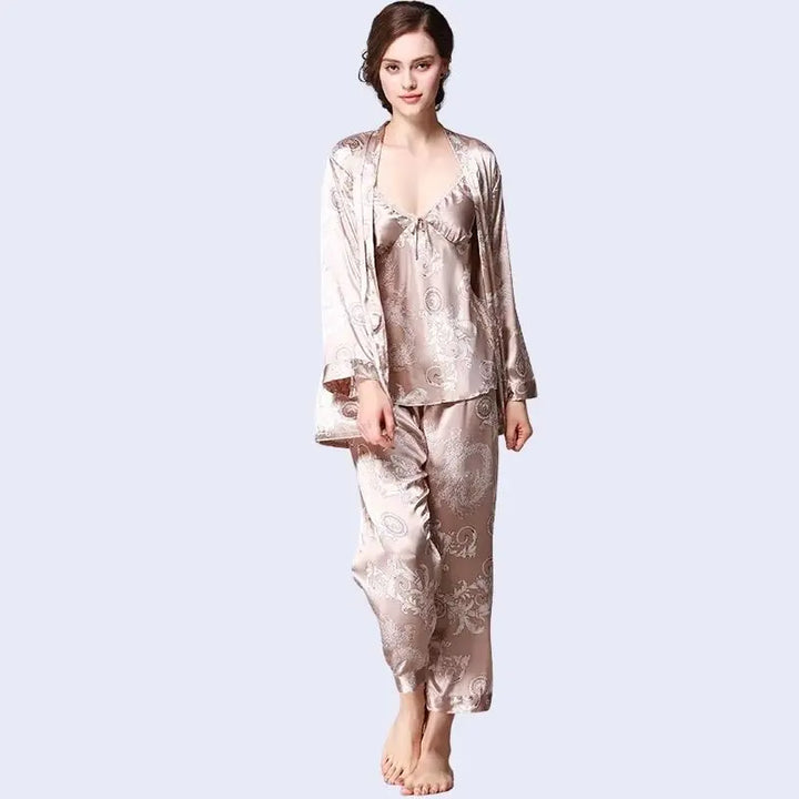 Ensemble pyjama 3 pièces imprimé dragon en satin beige