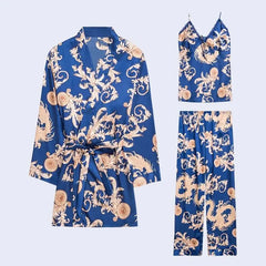 Ensemble pyjama 3 pièces imprimé dragon en satin bleu marine