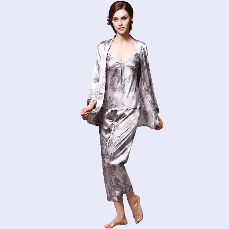 Ensemble pyjama 3 pièces imprimé dragon en satin gris