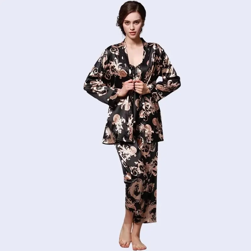 Ensemble pyjama 3 pièces imprimé dragon en satin noir