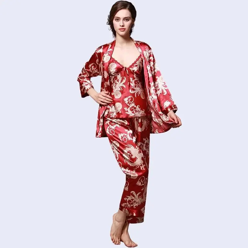 Ensemble pyjama 3 pièces imprimé dragon en satin rouge