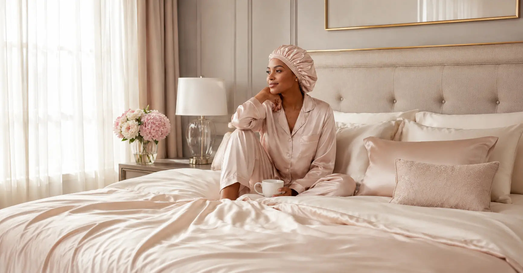 Femme tout en satin rose dans son lit