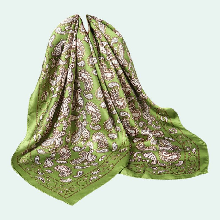 Foulard carré en satin motif cachemire kaki