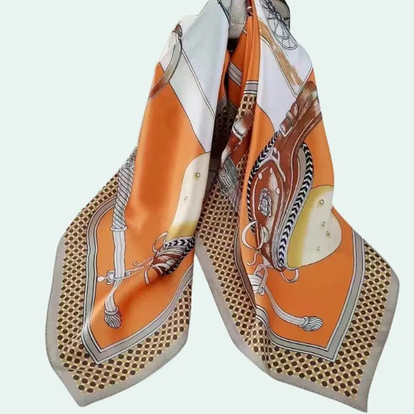 Foulard carré pure soie motif équestre orange