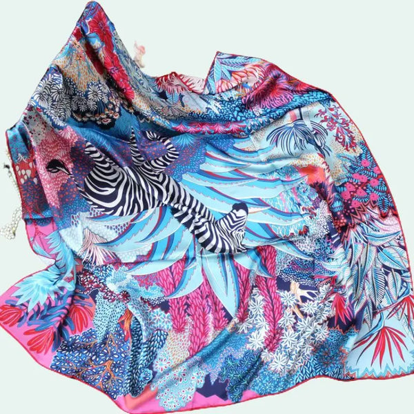 Foulard carré 100% soie de mûrier motif zèbre et plantes rose et bleu