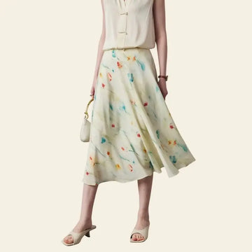 Jupe citron mi-mollet motifs floraux en soie véritable