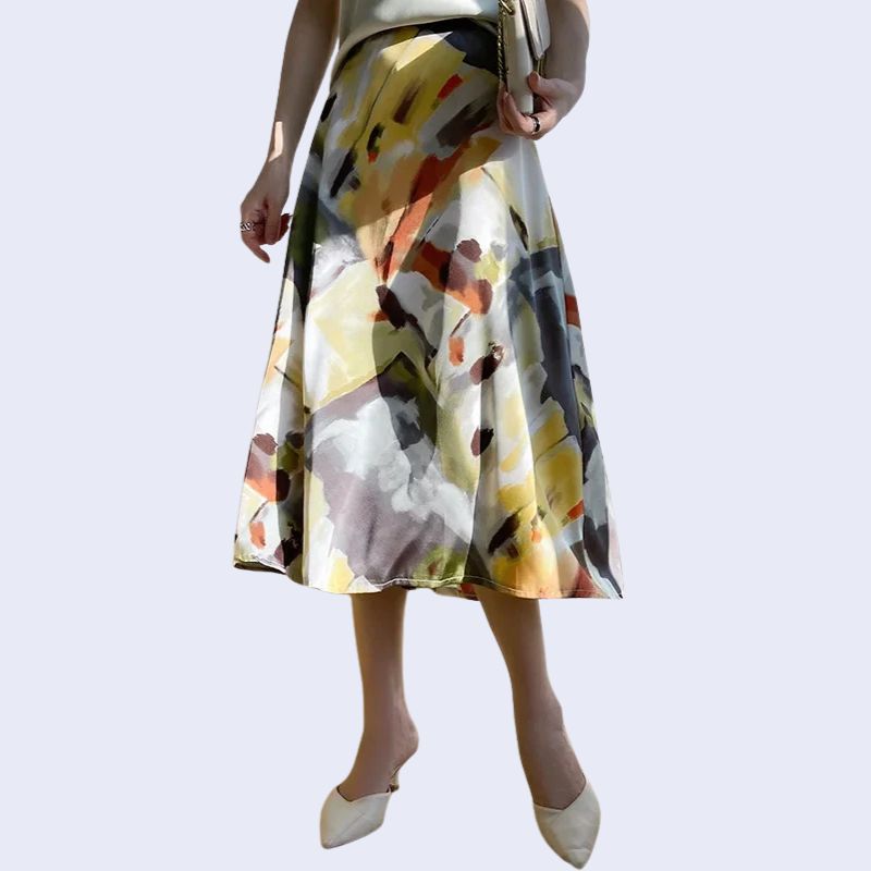 Jupe évasée motifs floraux en satin de soie blanche et jaune