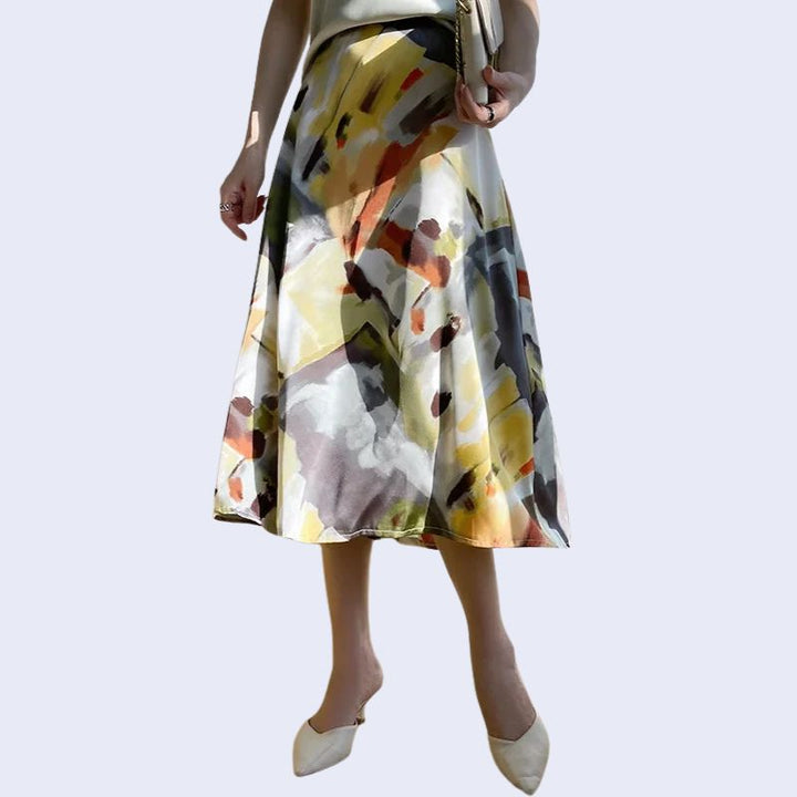 Jupe évasée motifs floraux en satin de soie blanche et jaune