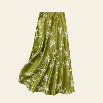 Jupe florale trapèze kaki en soie de mûrier