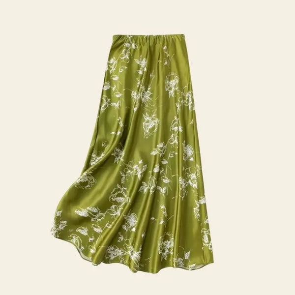 Jupe florale trapèze kaki en soie de mûrier