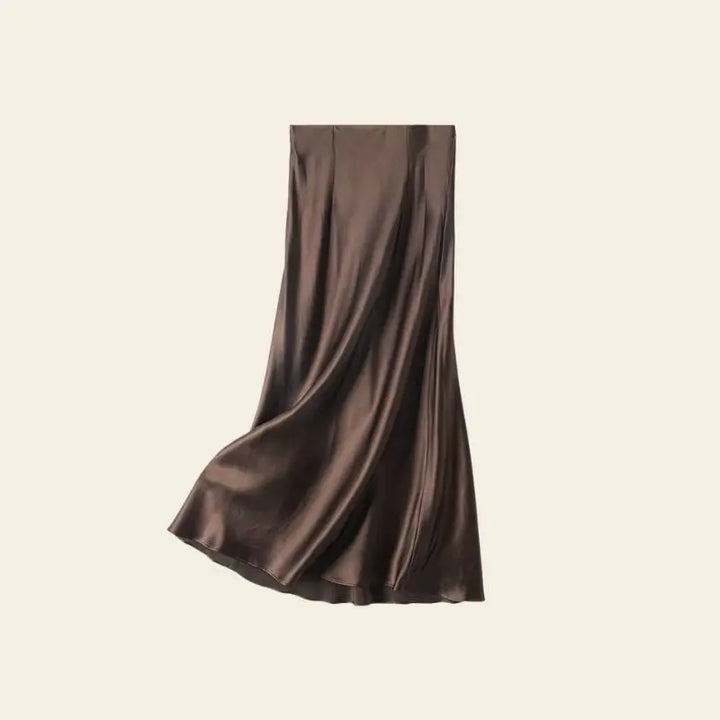 Jupe longue effet satiné en soie de mûrier couleur marron