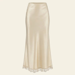 Jupe longue taille haute satin de soie et dentelle champagne l Satin Lifestyle