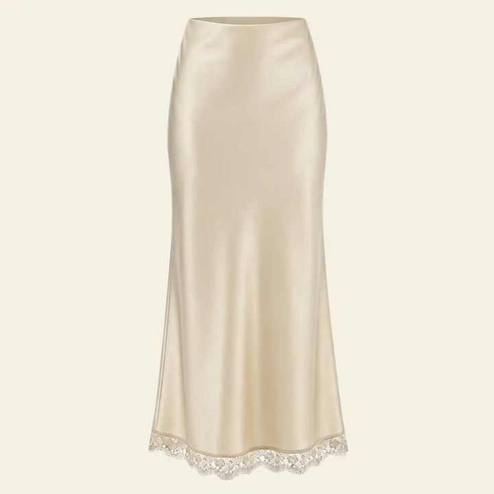 Jupe longue taille haute satin de soie et dentelle champagne l Satin Lifestyle