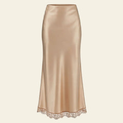 Jupe longue taille haute satin de soie et dentelle beige l Satin Lifestyle
