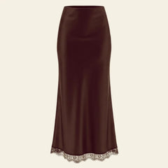 Jupe longue taille haute satin de soie et dentelle chocolat l Satin Lifestyle