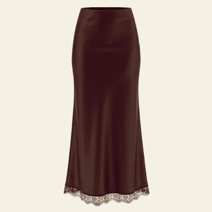 Jupe longue taille haute satin de soie et dentelle chocolat l Satin Lifestyle