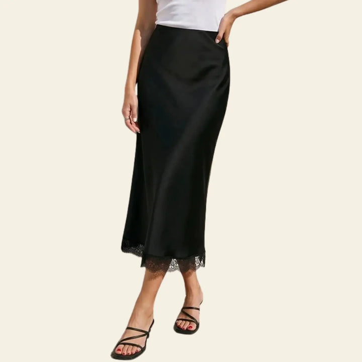 Jupe longue taille haute satin de soie et dentelle noire l Satin Lifestyle