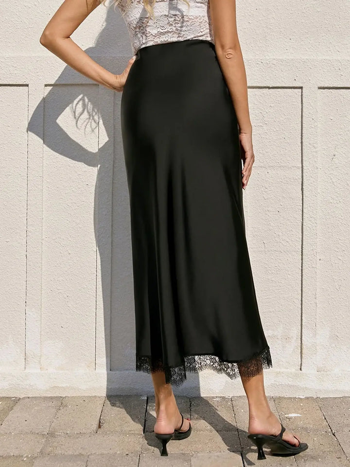 Jupe longue taille haute satin de soie et dentelle noire l Satin Lifestyle