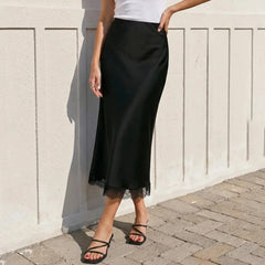 Jupe longue taille haute satin de soie et dentelle noire l Satin Lifestyle