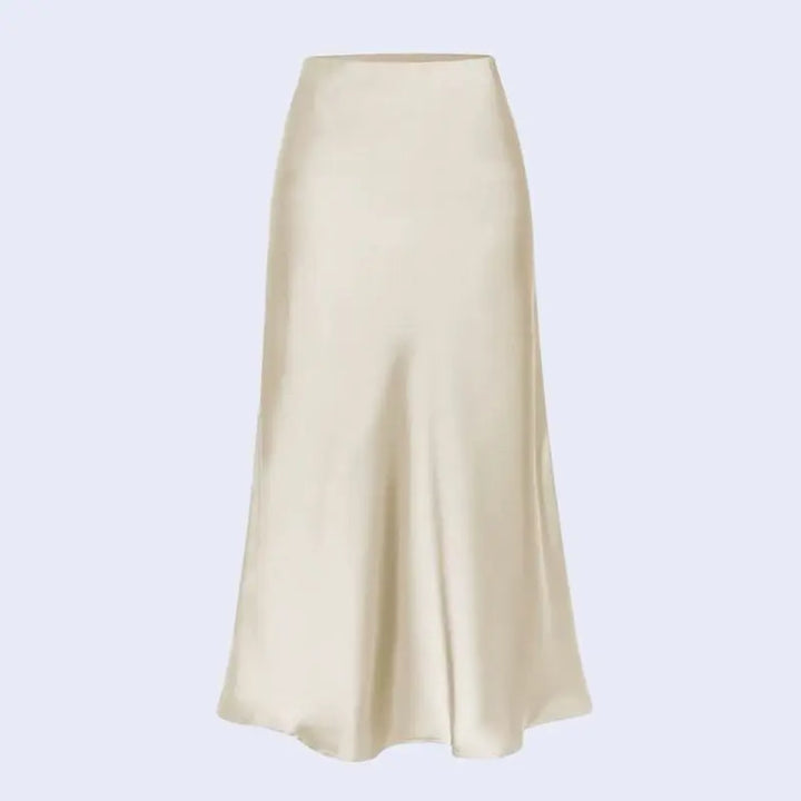 Jupe mi-longue unie avec fente latérale en satin couleur crème