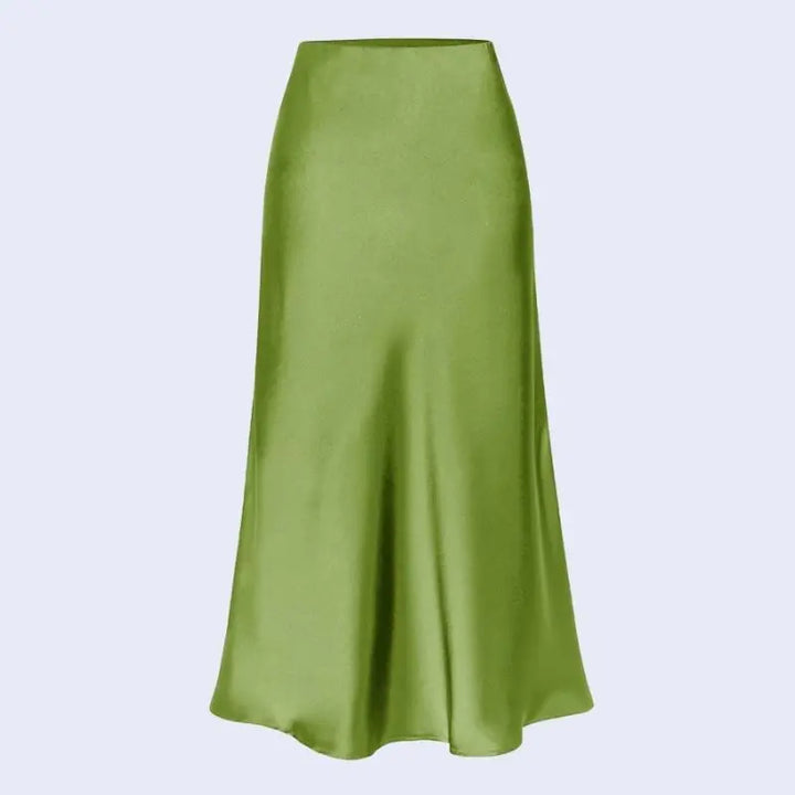 Jupe mi-longue unie avec fente latérale en satin couleur verte