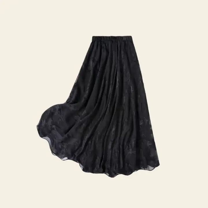 Jupe mi-mollet décontractée motifs floraux en soie véritable couleur noire