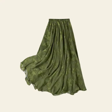 Jupe mi-mollet décontractée motifs floraux en soie véritable couleur vert militaire