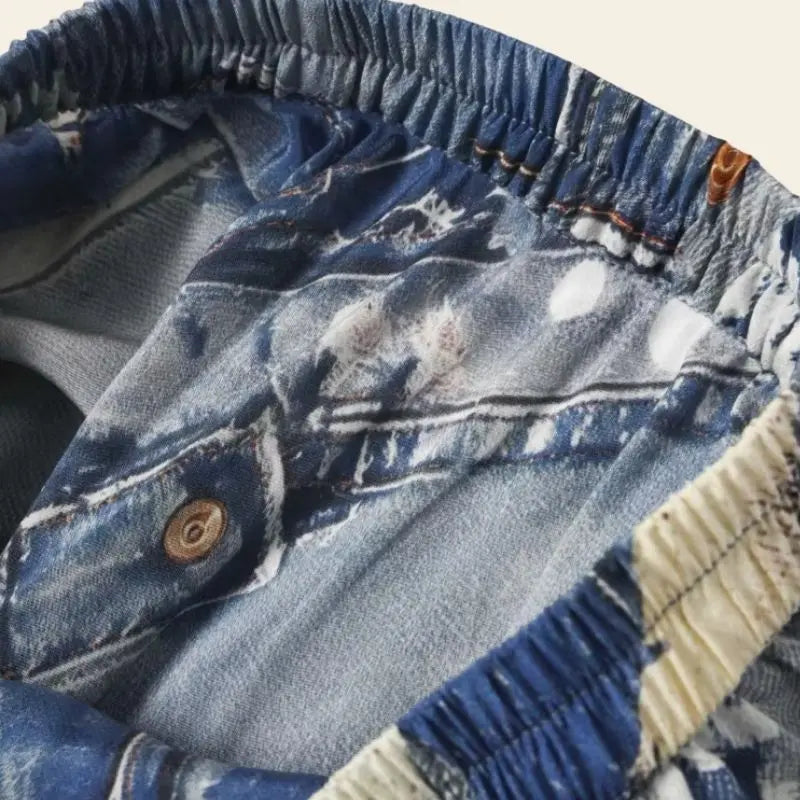 Zoom sur l'élastique d'une jupe mi-mollet motifs imprimés jean en soie véritable