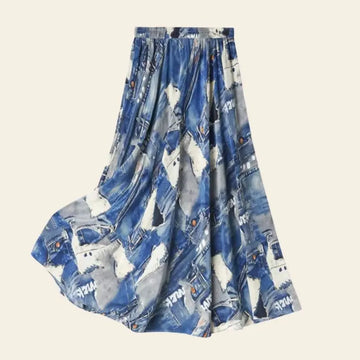 Jupe mi-mollet motifs imprimés jean en soie véritable