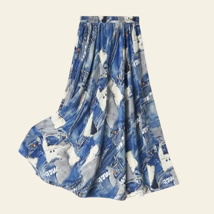 Jupe mi-mollet motifs imprimés jean en soie véritable
