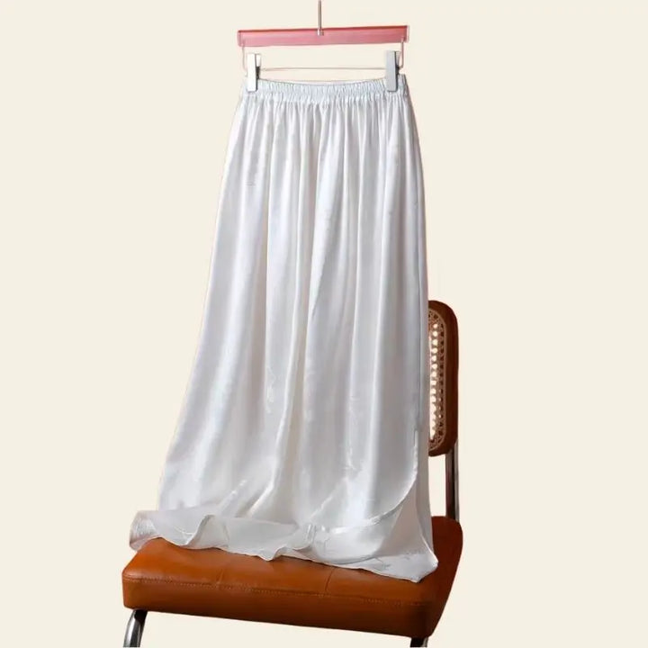 Jupe mi-mollet jacquard à cordon ajustable en soie véritable couleur blanche