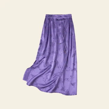 Jupe mi-mollet jacquard à cordon ajustable en soie véritable couleur violet